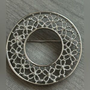 Silver Tone Floral Circle Brooch Openwork Round Pin